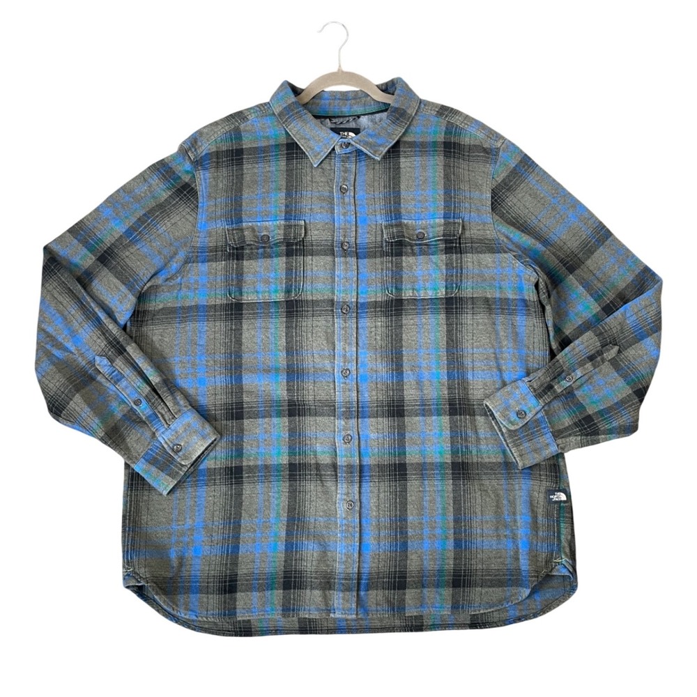 The North Face Mens XXL Gray Blue Plaid Long Sleeve Flannel Button Up Shirt